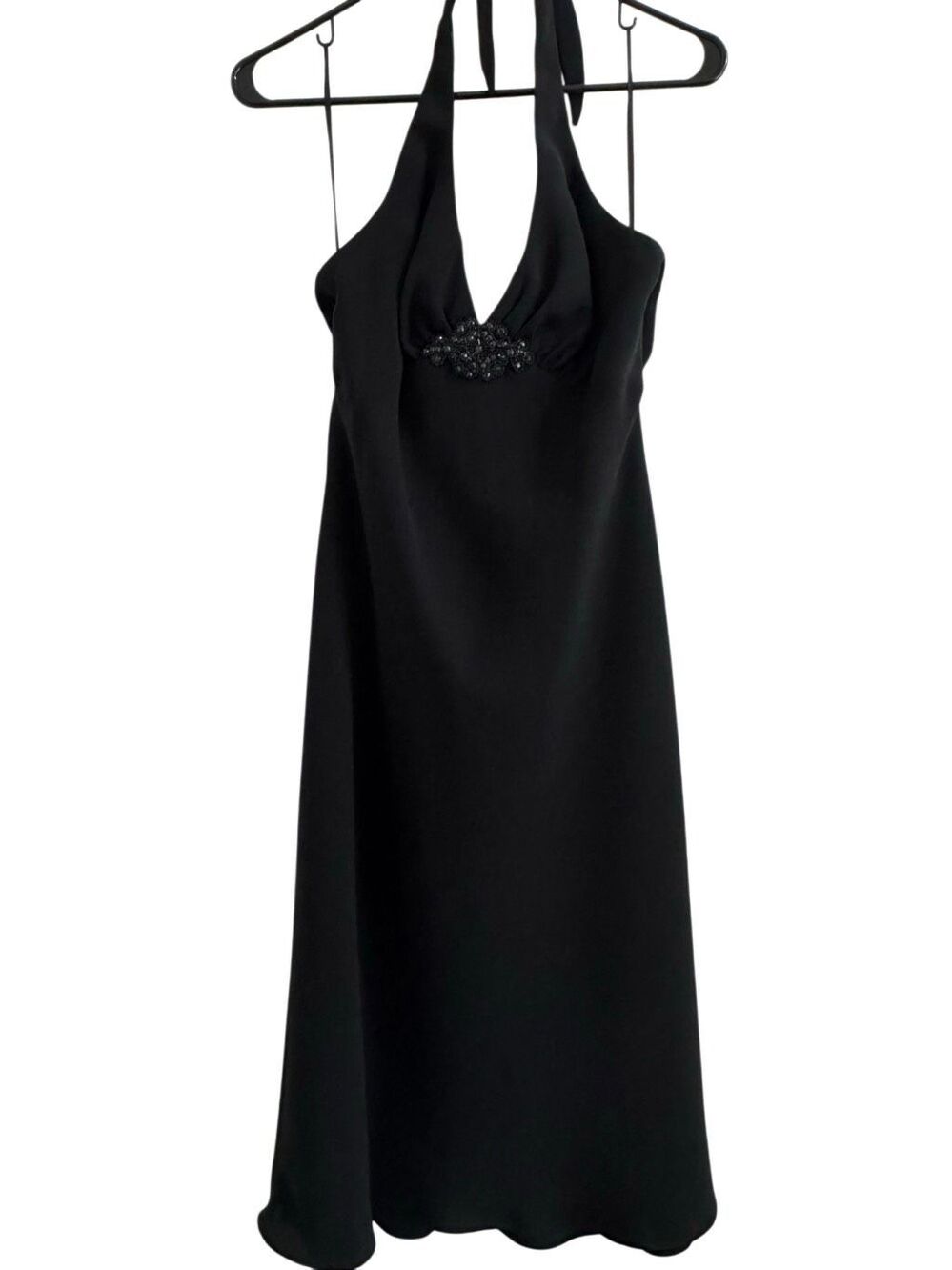 Vintage Y2K Jones Wear Black Beaded Halter Evening Gown Midi Formal Dress Size 8